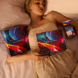 A woman lying in bed holds three colorful 'thisworks' branded boxes, including a larger box and a smaller packet, against a warm pinkish bedroom background.
