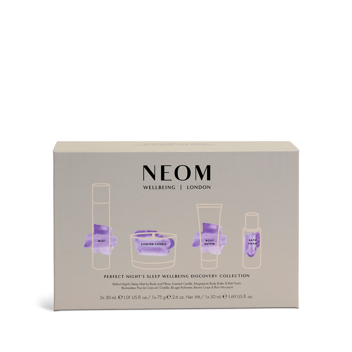 NEOM wellbeing collection packaging on a white background