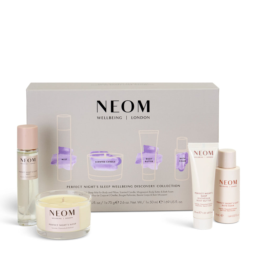 NEOM wellbeing collection with various products on a white background