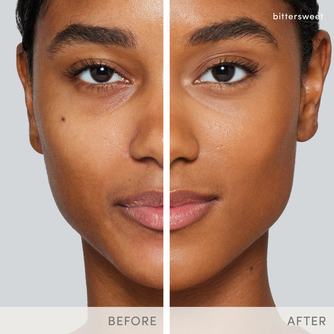 Before and after comparison of a woman's face with visible skin improvement.