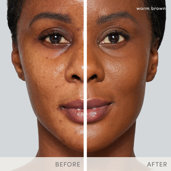 Before and after comparison of a woman's face with a warm brown shade applied.