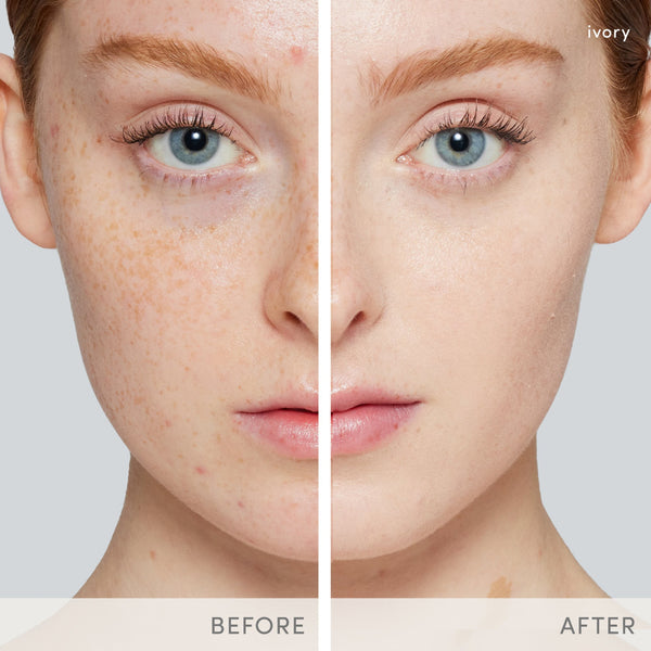Before and after comparison of a person's face with visible skin texture changes.