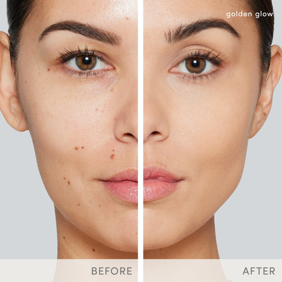 Before and after comparison of a woman's face with a golden glow effect.