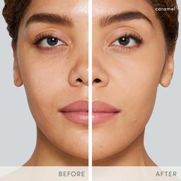 Before-and-after split screen showing a woman's face with a makeup product applied, labeled 'carome' in the top right and 'BEFORE' and 'AFTER' at the bottom.