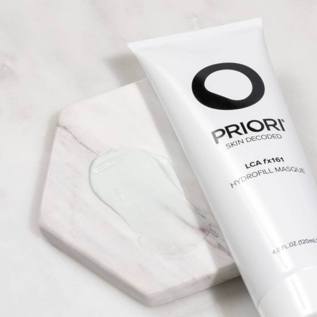 PRIORI LCA - Hydrofill Mask tube next to a smudge of texture