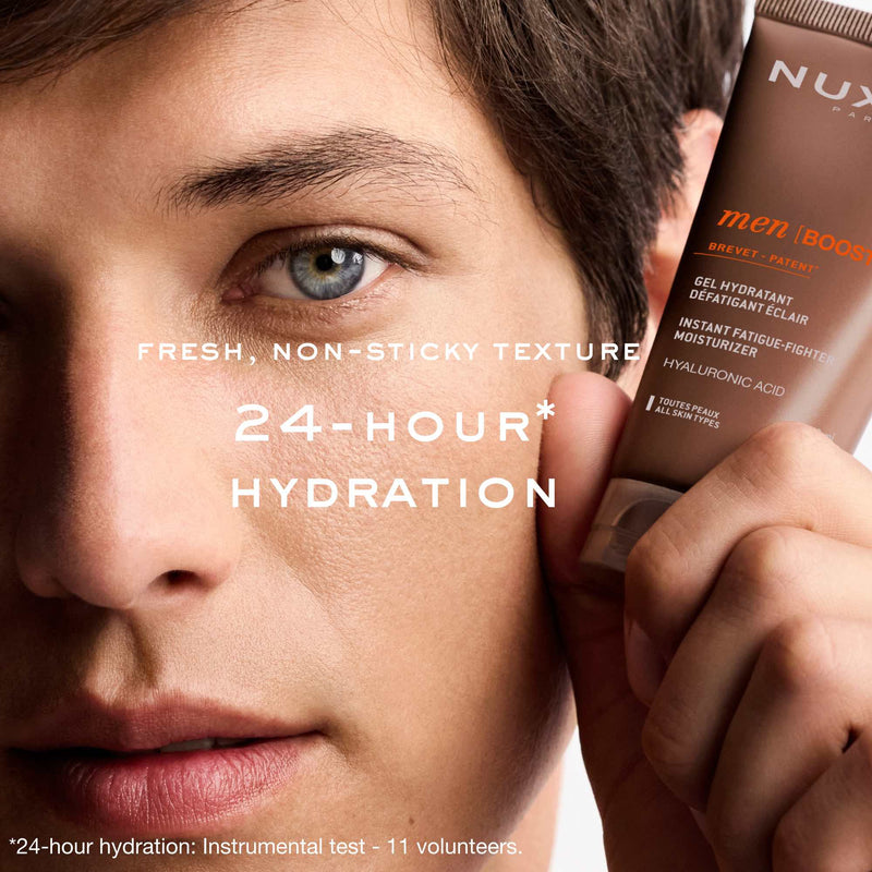 Person applying NUXE skincare product with text highlighting hydration benefits