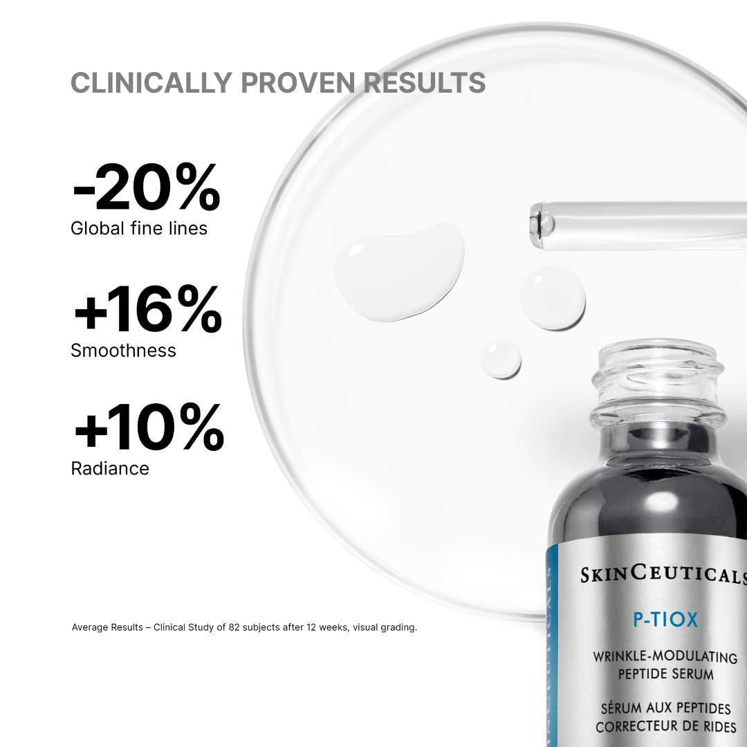 SkinCeuticals P-TIOX serum bottle with clinical results on a white background