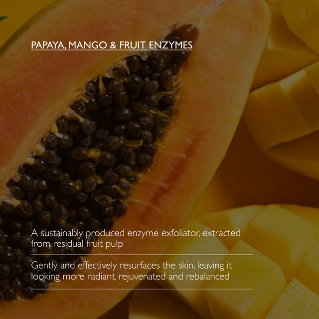 A close-up of a sliced papaya with visible seeds and yellow-orange flesh, overlaid with text reading 'PAPAYA, MANGO & FRUIT ENZYMES' and descriptive copy about fruit exfoliator enzymes.