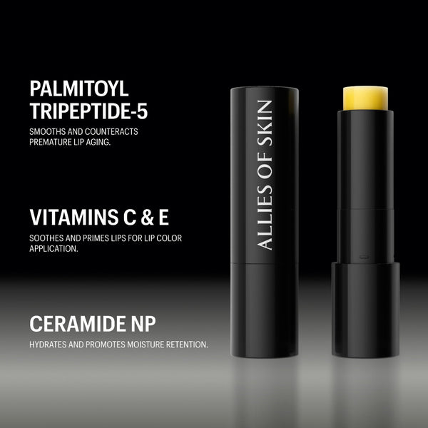 Two black cosmetic tubes on a dark studio background, one closed with vertical 'ALLIES OF SKIN' text and one open showing a yellow lip balm stick. White text on the left lists ingredients: PALMITOYL TRIPEPTIDE-5, VITAMINS C & E, CERAMIDE NP.