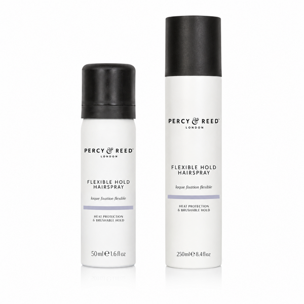 Percy Reed Flexible Hold Hairspray shown in two sizes: a 50ml aerosol can and a 250ml travel-sized bottle, both in white with black caps on a clean white background.