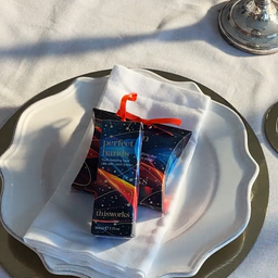 Two small boxed hand products labeled 'perfect hands' and 'thisworks' tied with red ribbons, placed on a white napkin over a white plate on a table with a white cloth background.