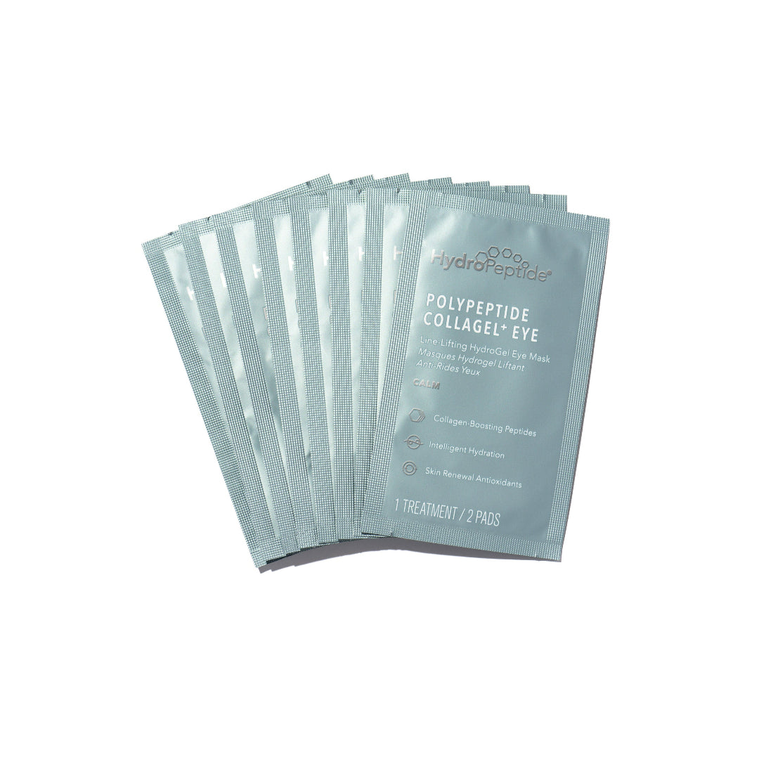 Pack of hydropeptide eye treatment pads on a white background