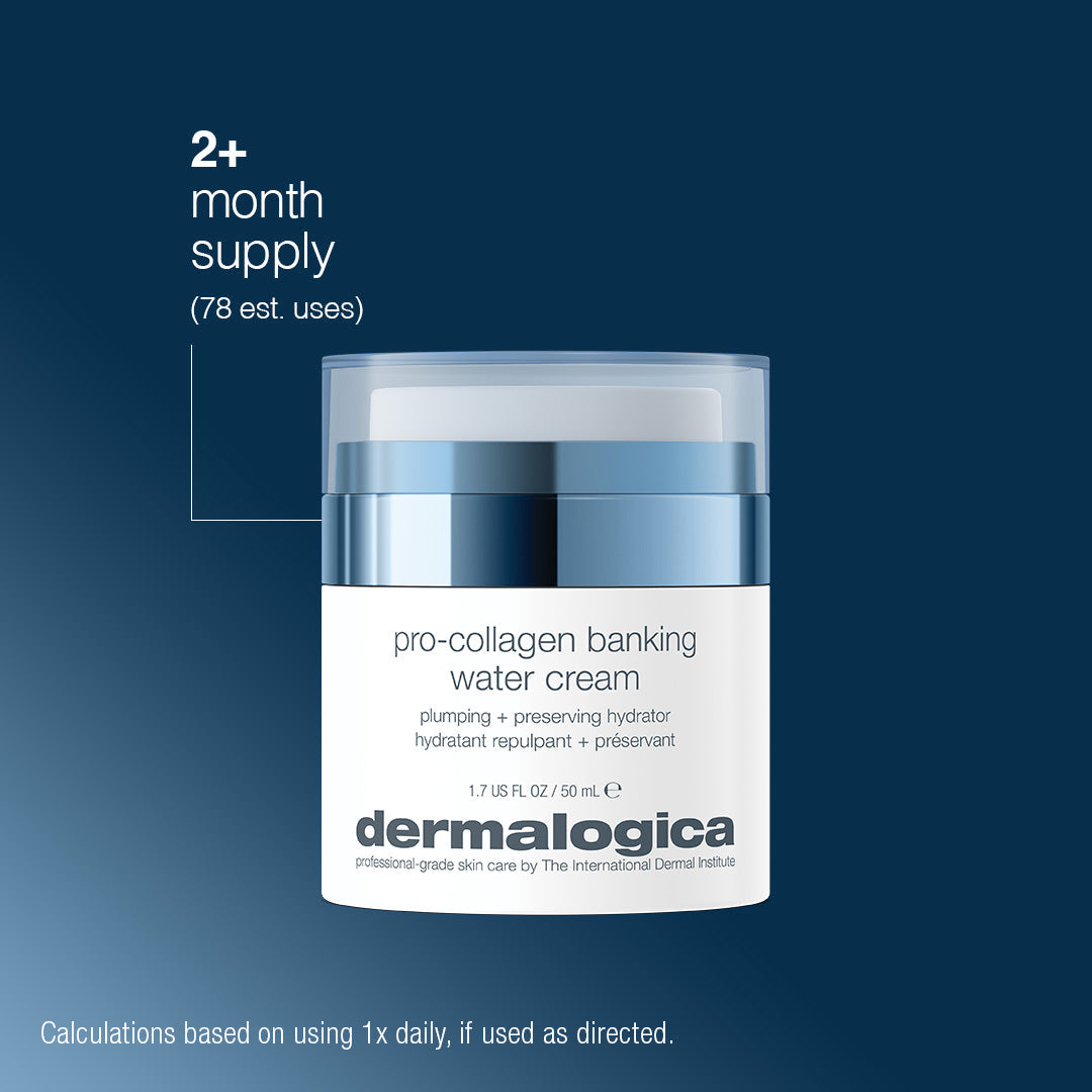 Dermalogica pro-collagen banking water cream jar with blue gradient background