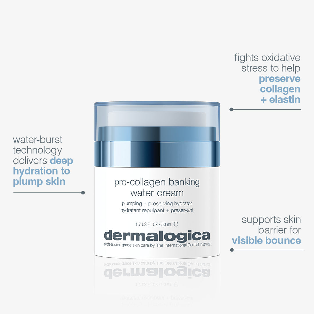 Dermalogica pro-collagen banking water cream jar with text on a white background