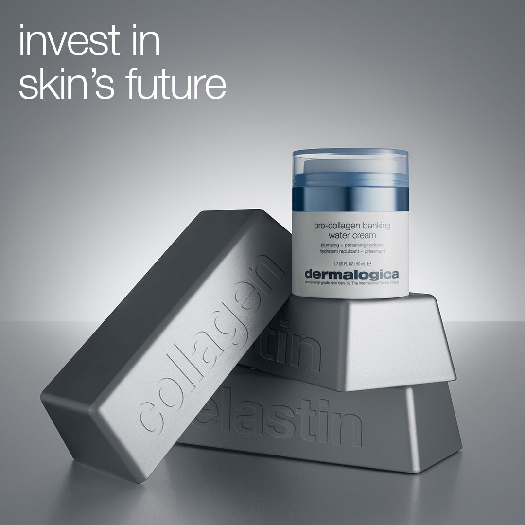 Dermalogica skincare product with 'collagen' and 'elastin' text on a gray background
