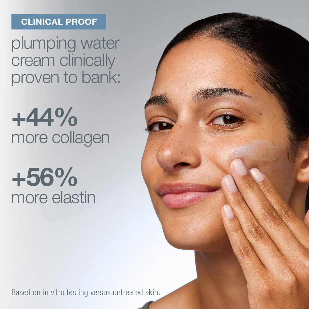 Woman applying cream to her face with clinical proof text about collagen and elastin on a gray background