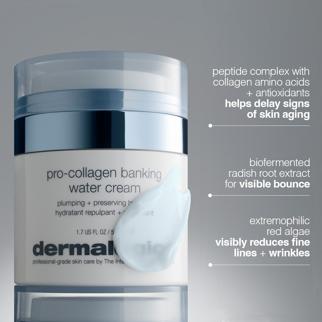 Dermalogica pro-collagen banking water cream jar with product details on a gray background