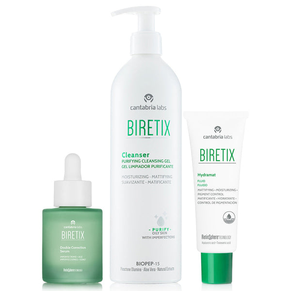 Three skincare products from Biretix on a white background