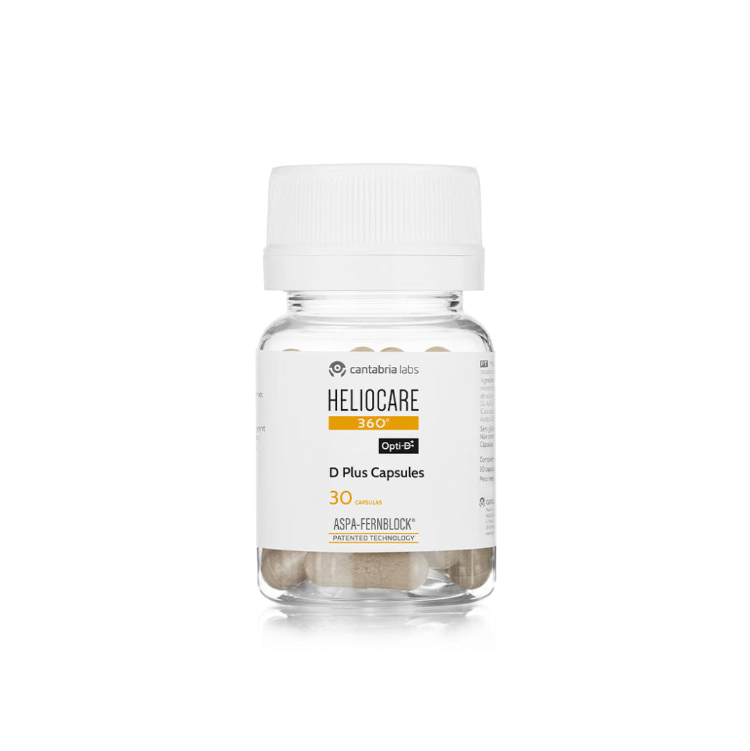 A small clear bottle of Contabiol Heliocare D3+ capsules with a white cap and white label, centered on a plain white background.