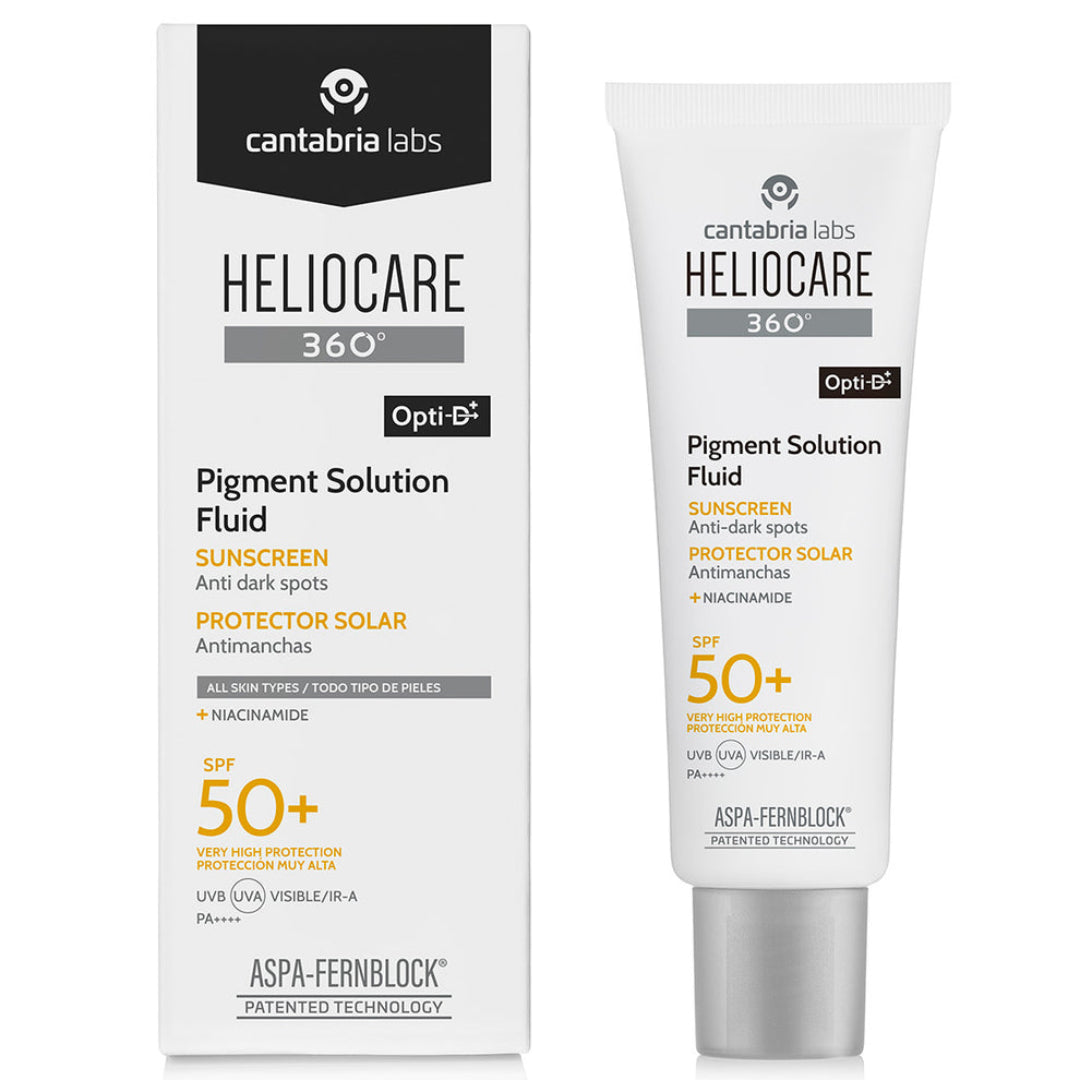 Heliocare 360 Pigment Solution Fluid sunscreen packaging on a white background