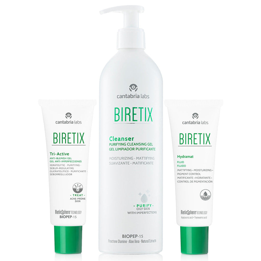 Three Biretix skincare products from Cantabria Labs on a white background