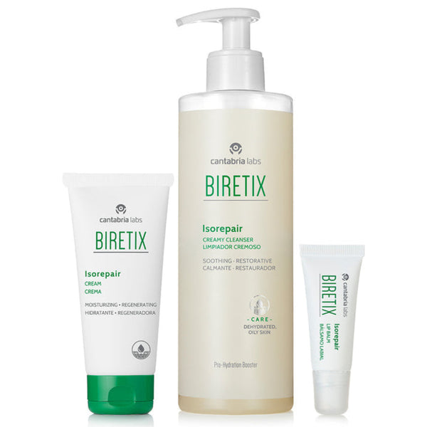 Biretix skincare products including a cream, cleanser, and lotion on a white background
