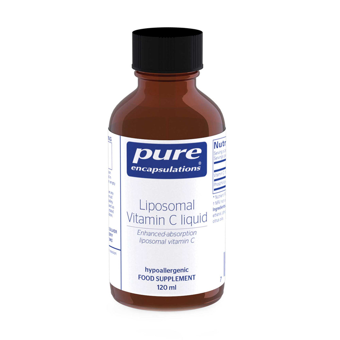 A 120 ml bottle of Pure Encapsulations Liposomal Vitamin C liquid, featuring an amber brown bottle, a black cap, and a white label with blue branding.
