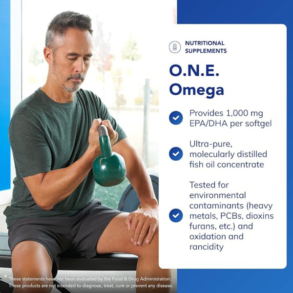Man exercising with a kettlebell, promotional text for O.N.E. Omega nutritional supplement.