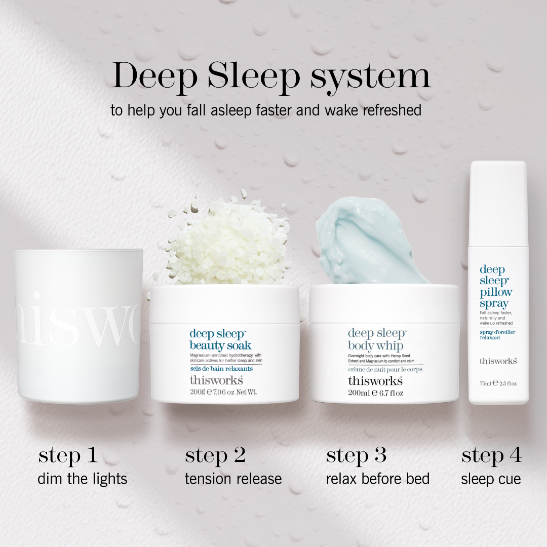 Thisworks Deep Sleep system set with four skincare items and instructional text: a white candle, beauty soak, body whip, and pillow spray on a textured white background with water droplets.