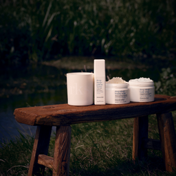 Four skincare products from deep sea beauty arranged on a rustic wooden bench outdoors by the water, with tall grass in the background. The products include a white jar of body butter, a white tube of body wash, a white jar of exfoliating scrub, and a white jar of hand cream.