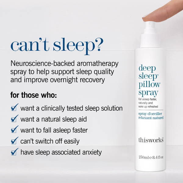 A bottle of thisworks Deep Sleep Pillow Spray on a light gray background, with a hand pressing the white spray nozzle. The left side features marketing text in blue and black about sleep support and relief for those who struggle with insomnia.
