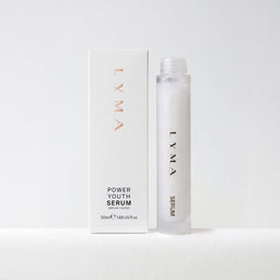 LYMA Power Youth Serum shown with its white box and a clear cylindrical bottle containing a translucent white serum, set against a clean white background.