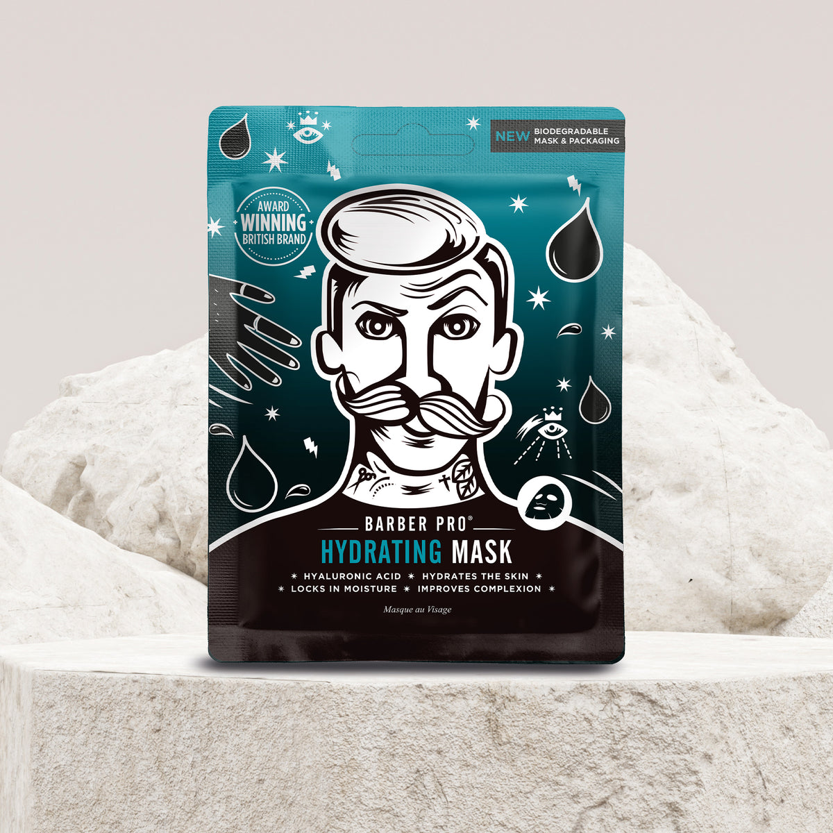 Barber Pro hydrating mask packaging on a textured white background