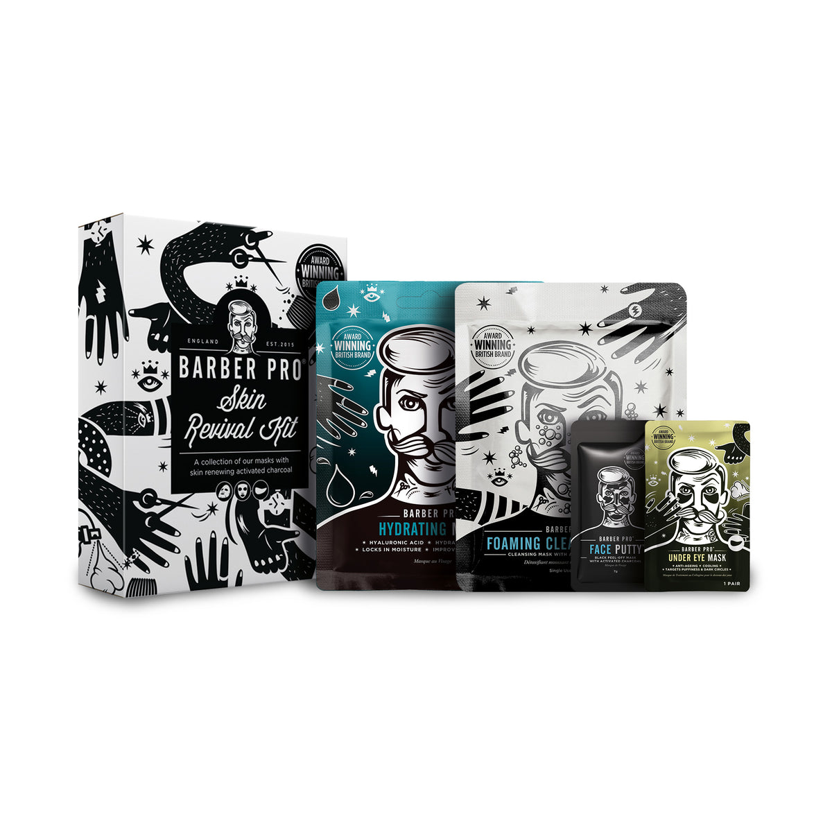 Collection of Barber Pro skincare products on a white background