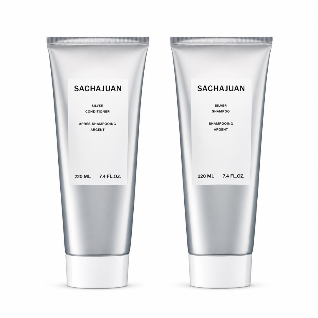 Two silver squeeze tubes of Sachajuan hair care products, labeled Silver Conditioner and Silver Shampoo, on a clean white background.