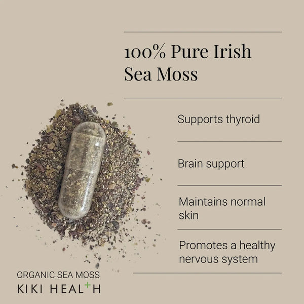 KIKI Health organic sea moss capsule with benefits listed on a beige background