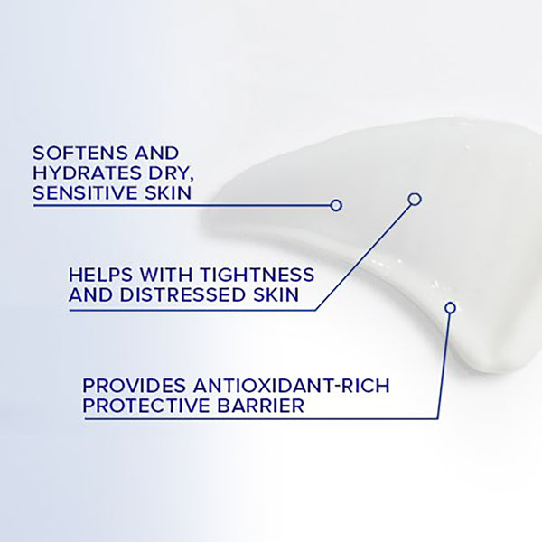 Close-up of a skincare product with text highlighting its benefits on a light background