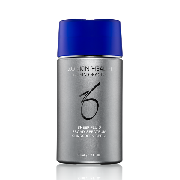 Zois Skin Health Klein Obagi Sheer Fluid Broad Spectrum sunscreen SPF 50 in a 50 mL silver bottle with a vibrant blue cap, shown on a white background with a soft reflection.