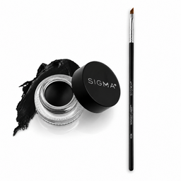 Sigma black gel eyeliner shown in an open clear jar with the black lid beside it, next to a swipe of the black pigment and a fine detail brush on a white background.