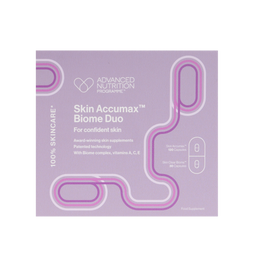 A square product box for Advanced Nutrition Programs Skin Accumax Biome Duo, featuring a lavender purple background with pink and white graphic lines and text.