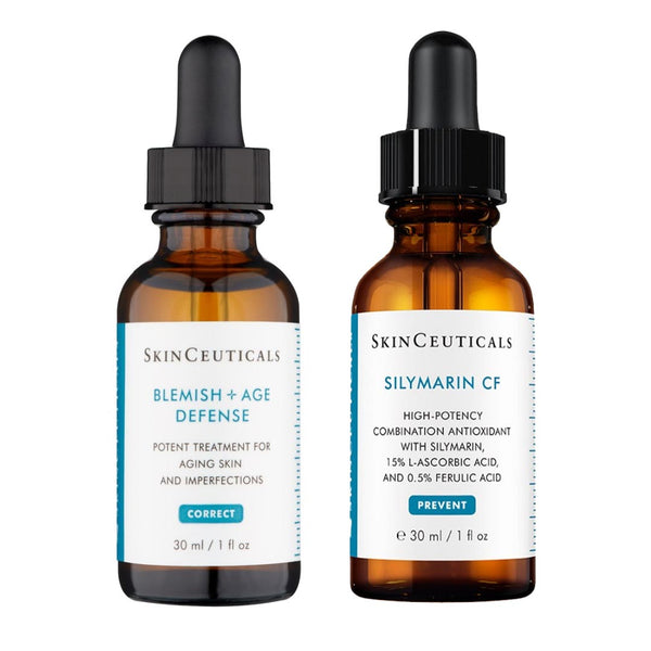 Two bottles of SkinCeuticals skincare products on a white background