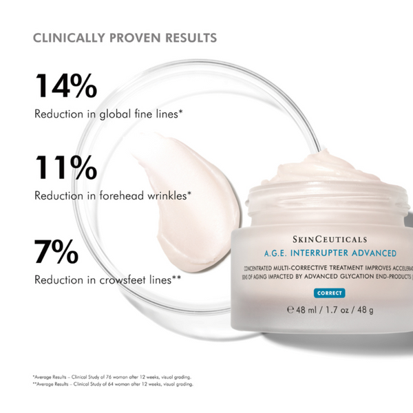 SkinCeuticals A.G.E. Interrupter Advanced cream with clinical results on a white background