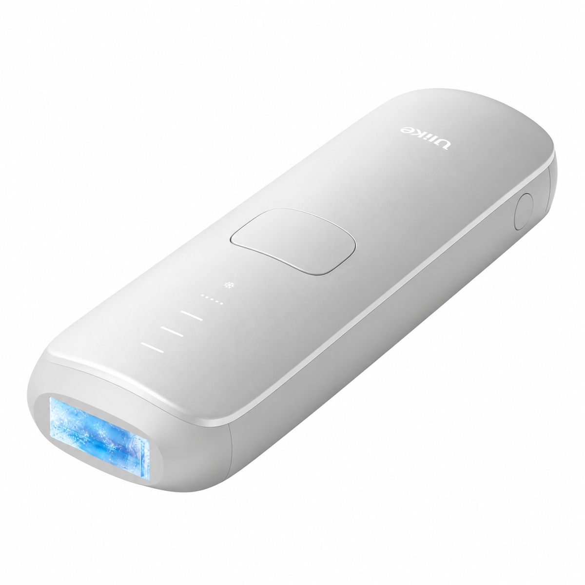 A white Ulike IPL hair removal device shown at an angle on a solid white background, with its blue light window illuminated.