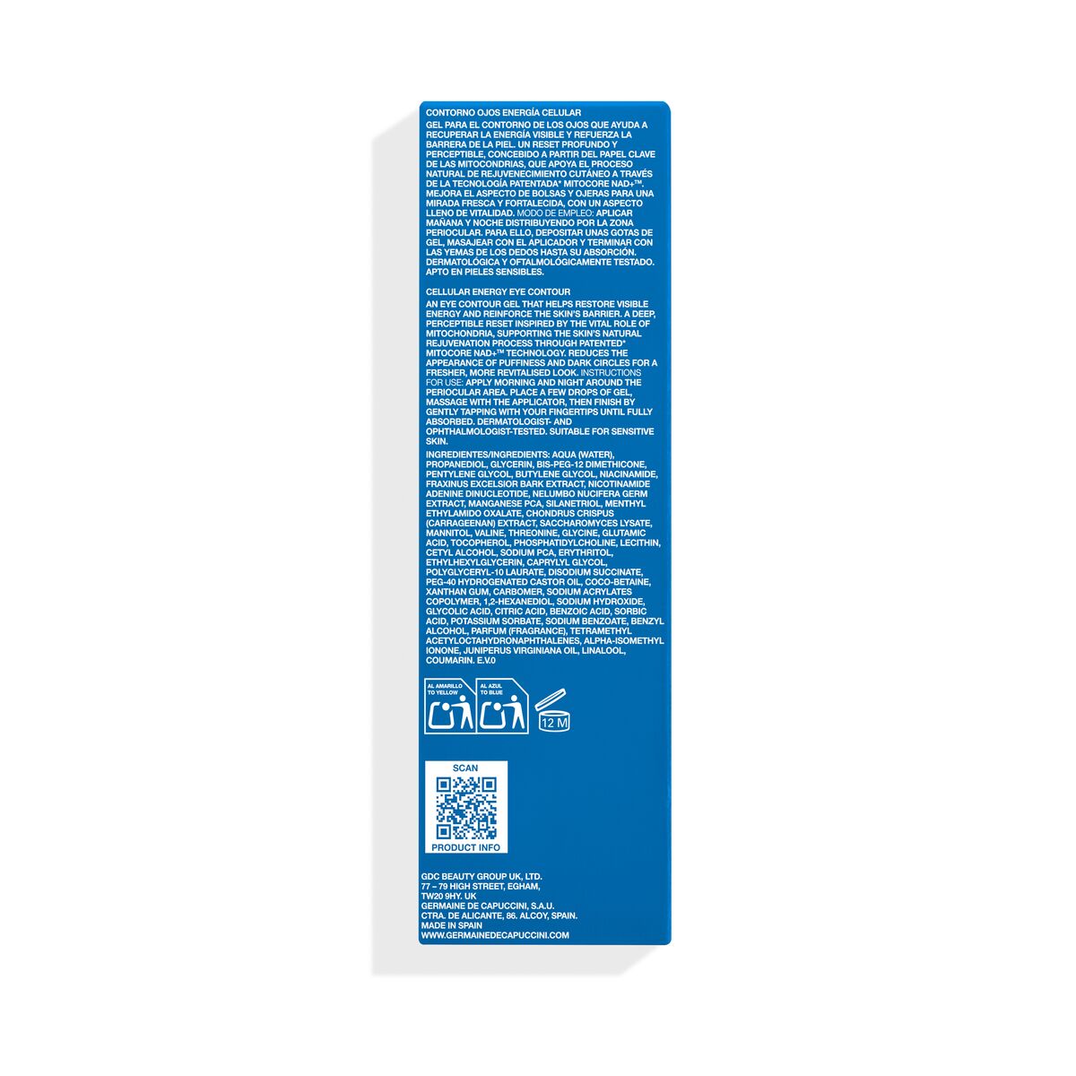 Blue product label with text and QR code on a white background
