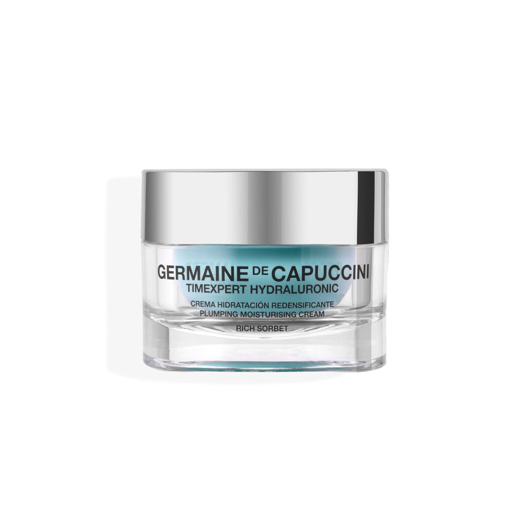 A jar of Germaine de Capuccini Timexpert Hyaluronic Plumping Moisturising Gel-Cream, featuring a silver metallic lid and a clear glass base with a light blue-green tinted label, set against a plain white background.