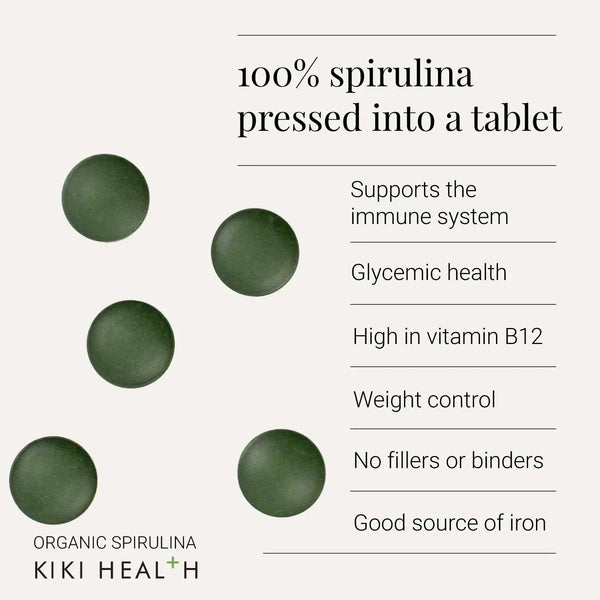 Green spirulina tablets with KIKI Health branding and health benefits listed on a white background.