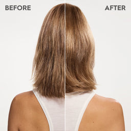 Before and after comparison of a woman's shoulder-length hair on a plain background.