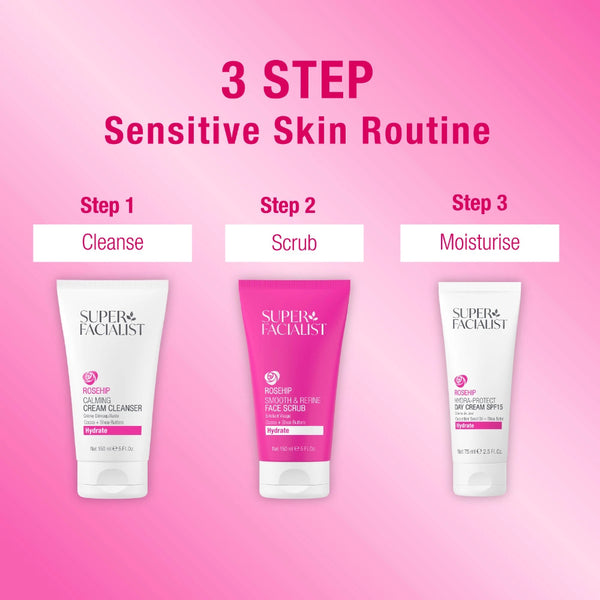 Three skincare products for a 3-step sensitive skin routine on a pink background.