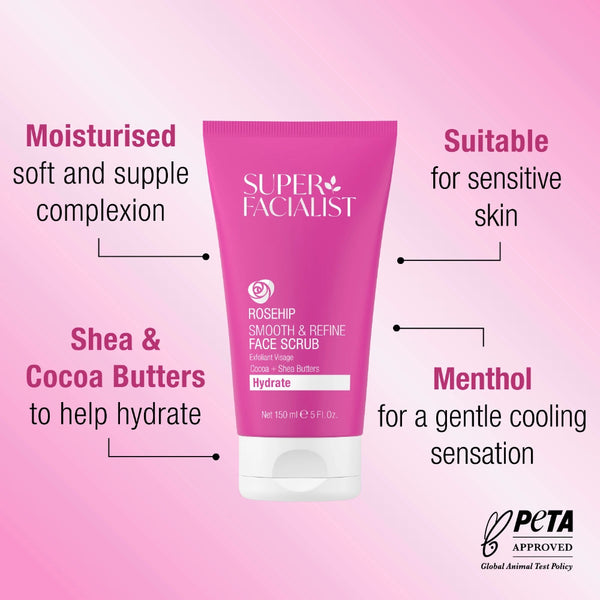 Super Facialist face scrub tube with product features on a pink background