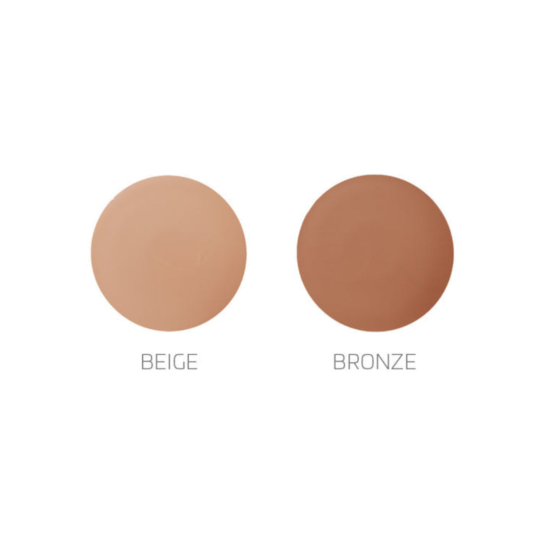 Two circular makeup swatches on a white background, labeled BEIGE and BRONZE, showing two warm skin-tone shades.